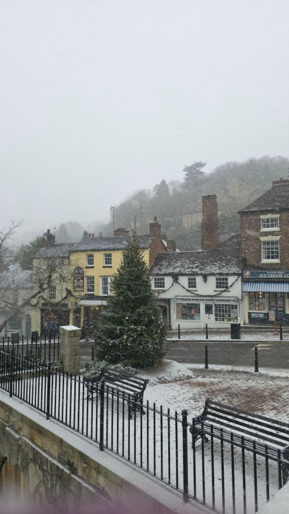 Choinka ustawiona w centrum miasteczka Ironbridge 