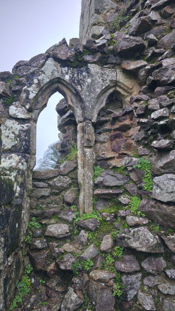 Widok na rys dawnego okna w ruinach klasztoru.