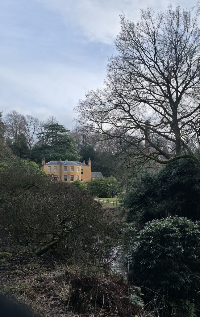 Widok na żółty pałacyk w przedwiosennych kolorach 