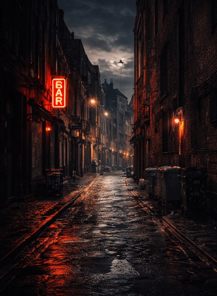 Widok na ponurą boczną ulicę w Londynie, na pierwszym planie widać neon z napisem BAR.